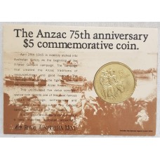 AUSTRALIA 1990 . FIVE 5 DOLLAR COIN . 75TH ANNIVERSARY OF ANZAC